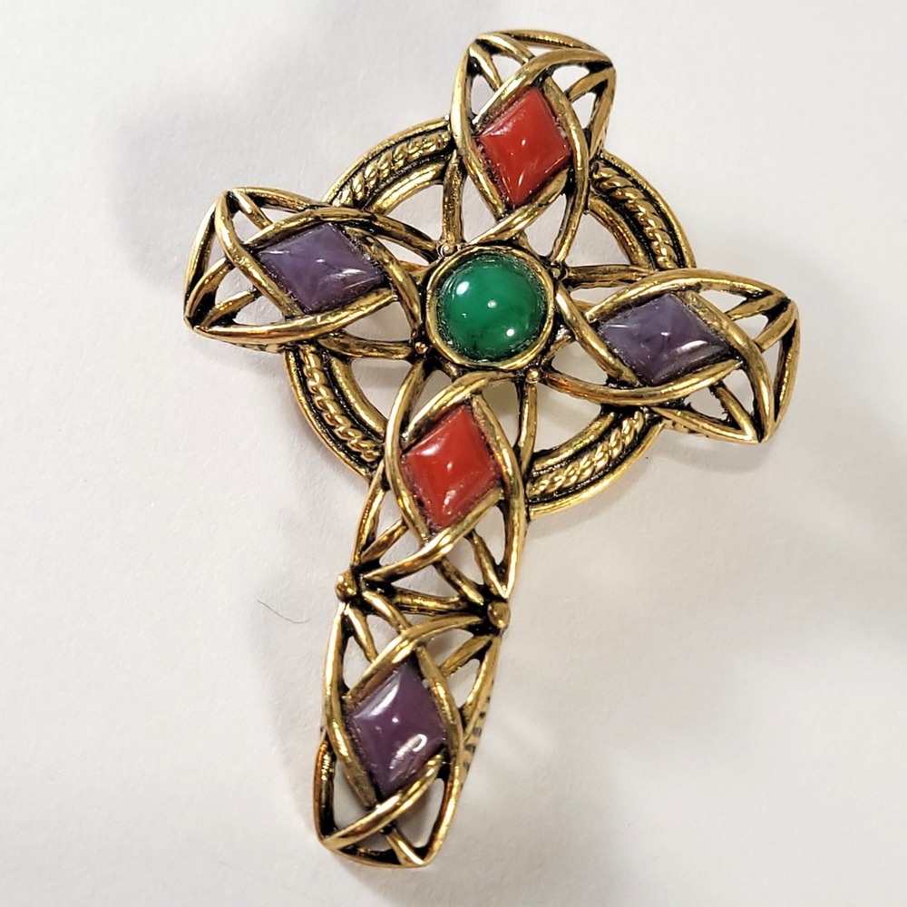 Sol d'Or Celtic Cross Brooch Gold Multi Color Glass Stone Filigree Pin‎ Jewelry